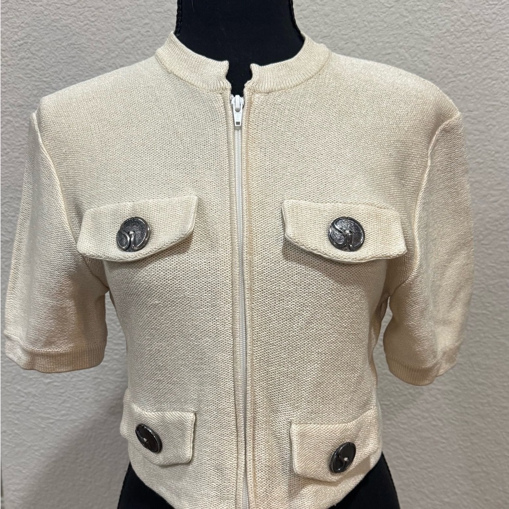 ST. John Boutique Cream Textured Bomber Jacket with High Collar